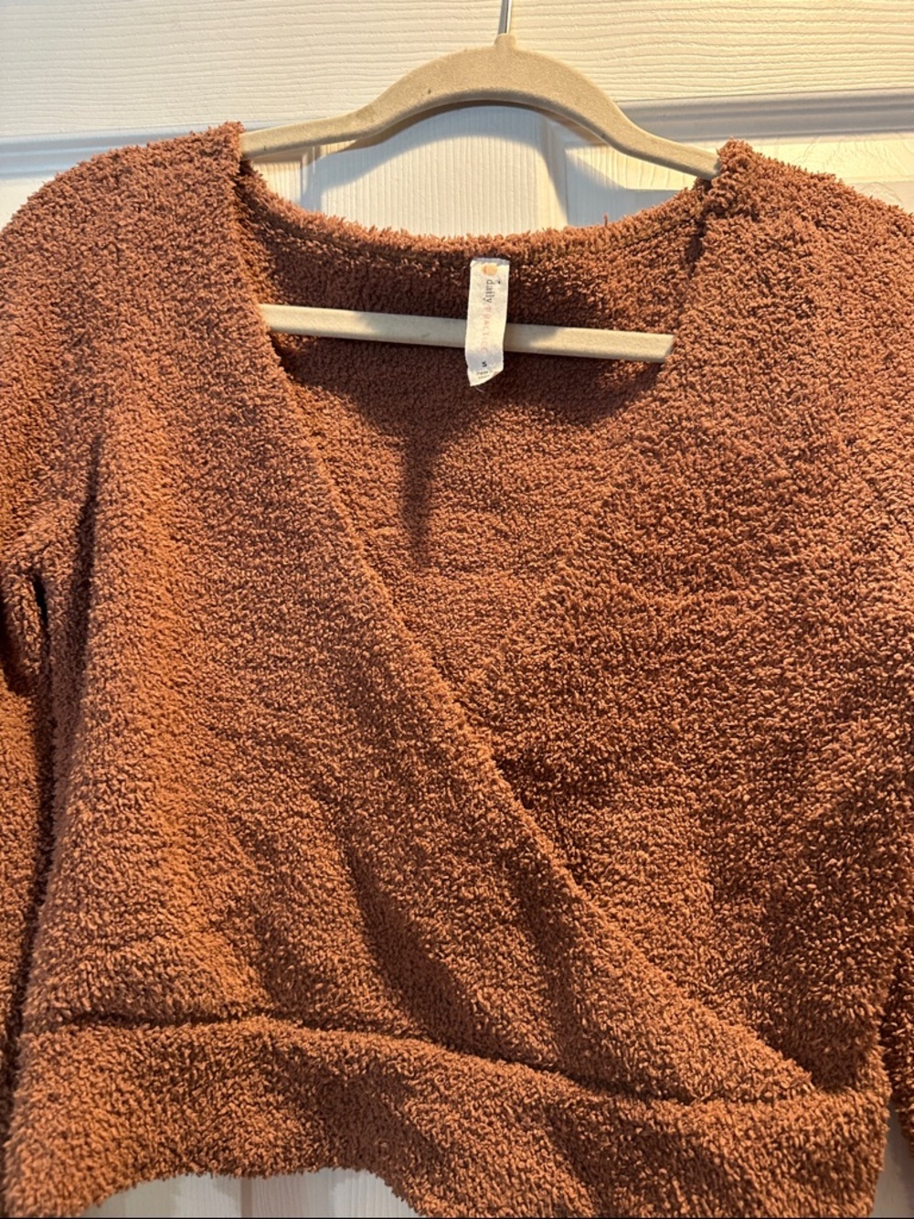 Anthropologie Daily Practice Brown V-Neck Faux Wrap Fuzzy Boucle Sweater Top S - Picture 5 of 7